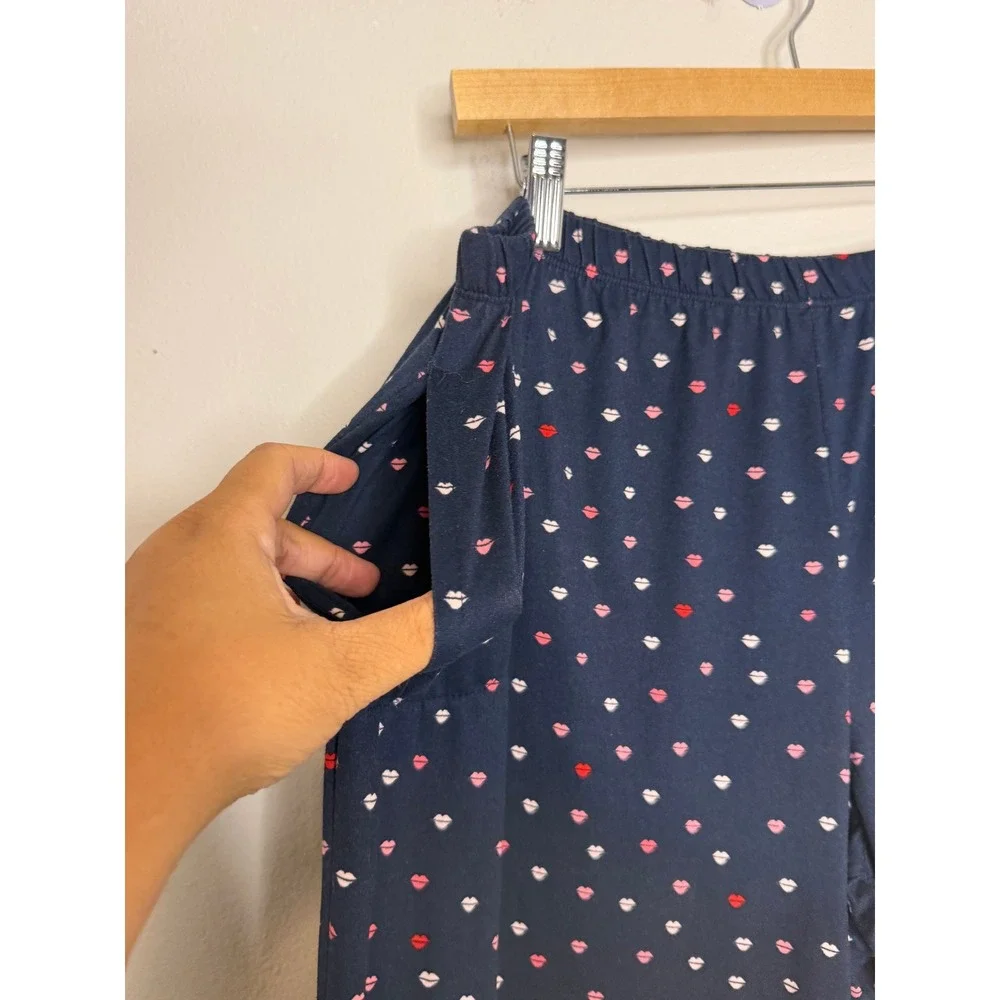 Kate Spade New York Pajama Set Navy Blue Lip Print Button Down Pants Womens 2X